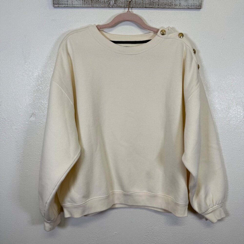J. Crew Sweatshirt Womens XL Beige Cream Heritage Cropped Gold Buttons Oversized